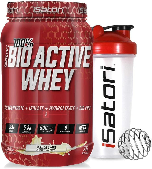 Isatori Bio-Active Whey Protein Powder - Vanilla Swirl (30 Servings) Classic Blender Bottle (Clear Bottle with Red Top)