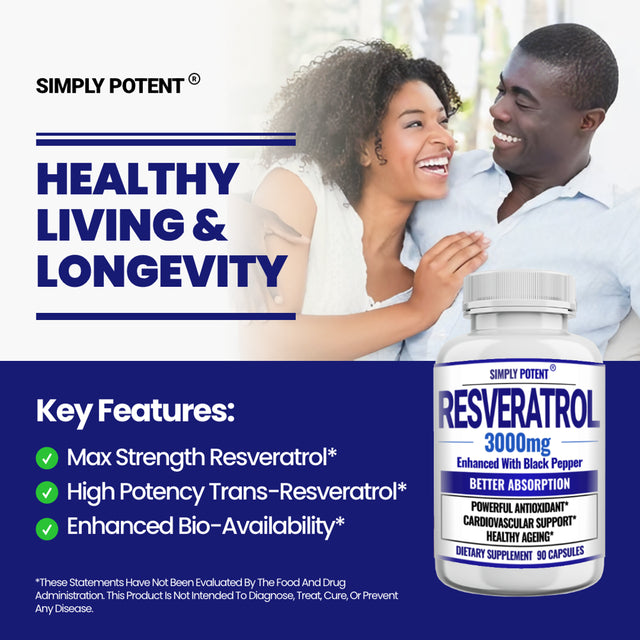 Resveratrol 3000Mg Supplement, Max Strength 3X Resveratrol 1000Mg, 90 Caps 3 Mon Supply, Enhanced with Black Pepper for Max Absorption, Powerful Antioxidant & Anti-Aging Pills for Heart, Immune & Skin