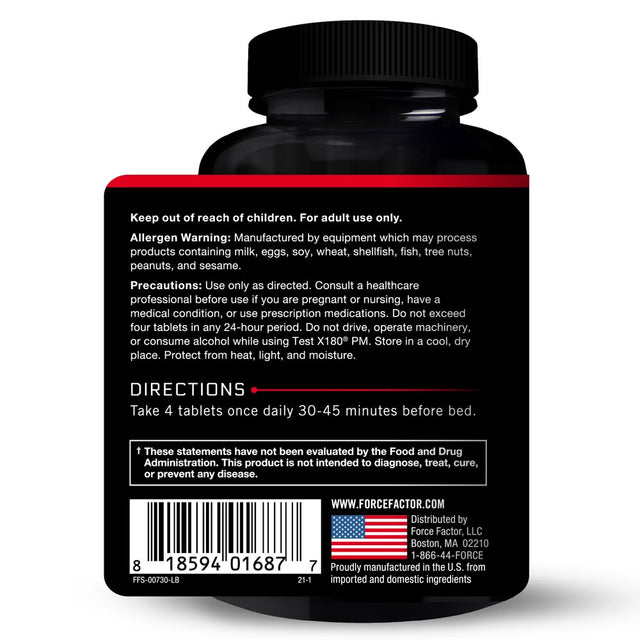 Test X180 PM Testosterone Booster for Men, Overnight Testosterone Supplement to Build Muscle, Increase Strength, and Promote Deeper, Healthier Sleep and Recovery, Force Factor, 120 Tablets