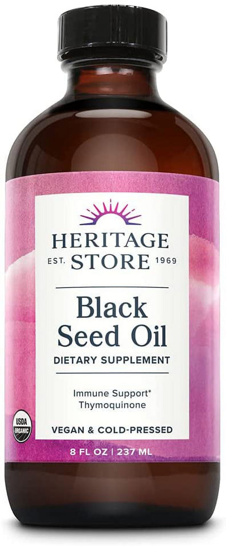 Heritage Store Organic Black Seed Oil Dietary Supplement Immune Support Thymoquinone, 8 Ounce - Pack of 1