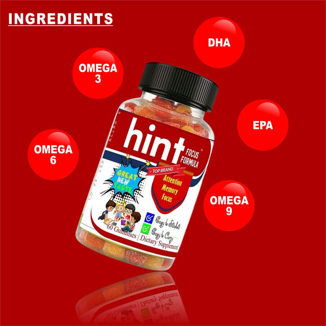 HINT Kids Brain Focus Gummies for Attention & Memory for Teens, Natural Vitamins with Omega DHA- 60 Ct