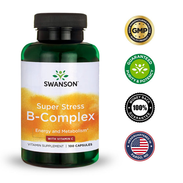 Swanson Super Stress B-Complex with Vitamin C Capsules, 100 Count