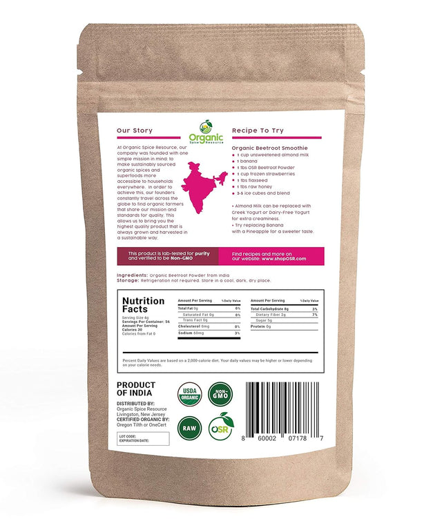 Organic Beet Root Powder | 8 Oz or 226G | USDA Organic Approved, Raw and Non GMO | Nitric Oxide Booster, Increases Stamina and Circulation | Vegan | 100% Raw from India, by Shoposr(8Oz)