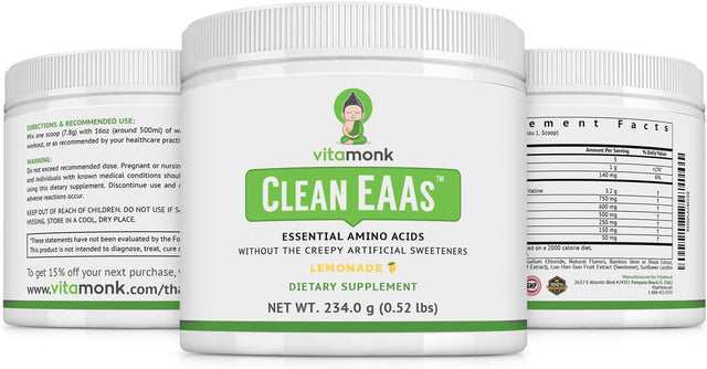 Vitamonk Clean EAA - Eaas with No Artificial Sweeteners for Pre-Workout, Energy and Recovery - Max Bioavailable EAA Powder with 9 Essential Amino Acids - Natural Lemonade Flavor