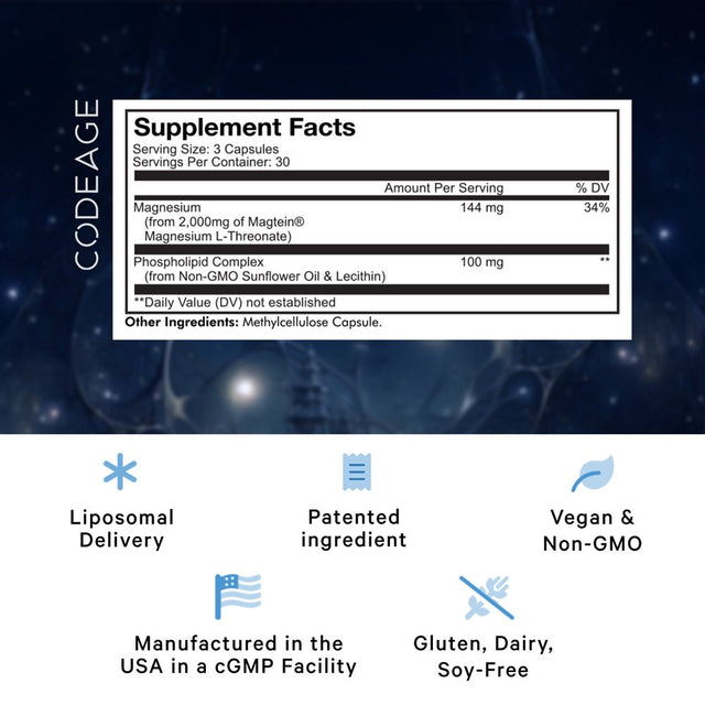 Codeage Liposomal Magnesium L-Threonate Supplement, Magtein Magnesium Threonate Capsules, 90 Ct