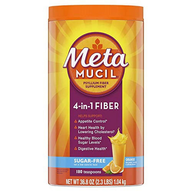 Metamucil, Daily Psyllium Husk Powder Supplement, Sugar-Free Powder, 4-In-1 Fiber for Digestive Health, Orange Flavored Drink, 180 Teaspoons