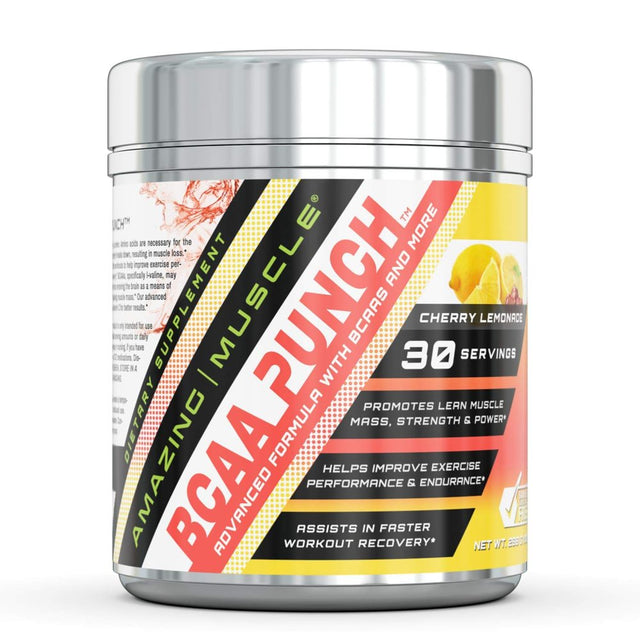 Amazing Muscle-Bcaa Punch - Advanced Formula with Bcaas, Carnosyn Beta Alanine, Taurine and More - Promotes Lean Muscle Mass,Strength & Power - 30 Servings (Cherry Lemonade)