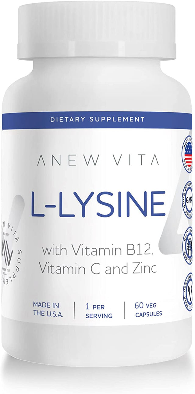 L-Lysine Supplement with Vitamin B12 + C + Zinc for Lip, Mouth, and Oral Tissue Health - Enhanced Wellness Formula - Non-Gmo, Gluten-Free - Made in USA - 60 Vegetable Capsules, 500Mg