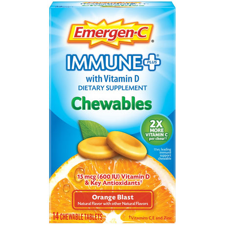 Emergen-C Immune+ Chewables 1000Mg Vitamin C Tablet, with Vitamin D, Immune Support Dietary Supplement for Immunity, Orange Blast Flavor - 14 Count