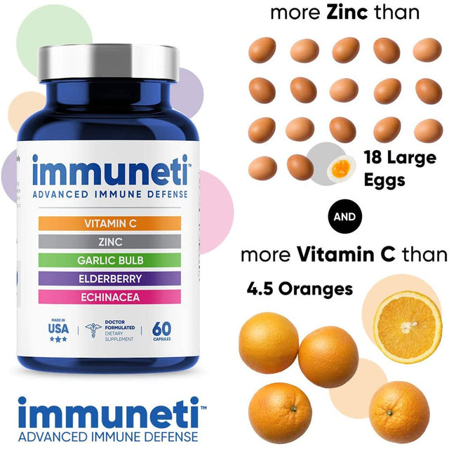 Immuneti - Advanced Immune Defense, 5-In-1 Powerful Blend of Vitamin C, Zinc, Elderberries, Garlic Bulb, Echinacea - Supports Overall Health, Provides Vital Nutrients & Antioxidants