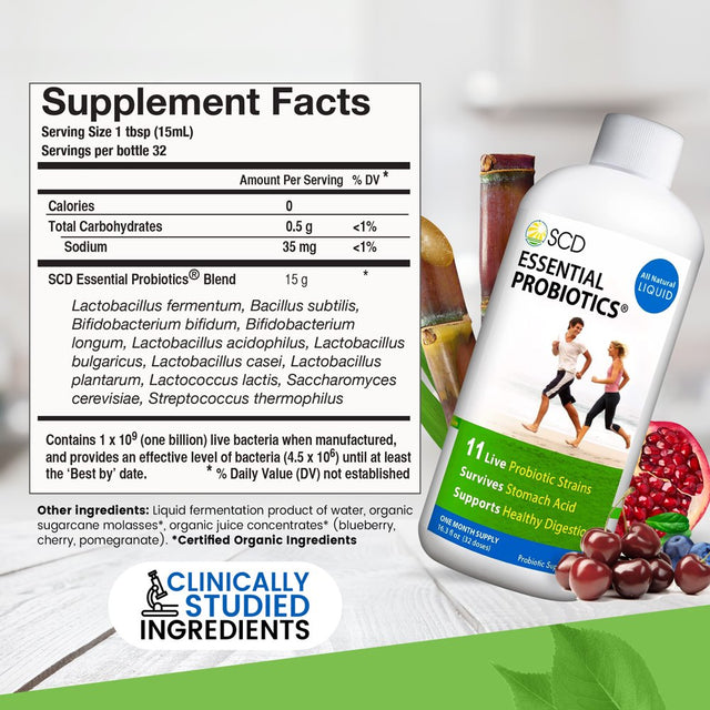 SCD Essential Probiotics - Liquid Probiotic Supplement for Women, Men & Kids with 11 Live Strains, Relieves Occasional Diarrhea, Constipation, Gas & Bloating - 16.3 Fl Oz