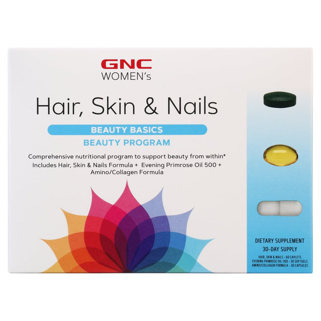 GNC Hair, Skin, & Nails Beauty Program, 30-Day Supply, 3-Part Kit Featuring 3000 Mcg Biotin, Vitamins, Minerals, Omegas, and Collagen