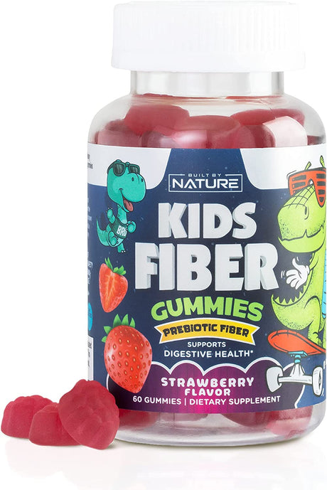 Kids Fiber Gummies, Daily Chicory Root Fiber Supplement, Plant Based, Non-Gmo, for Digestive and Intestinal Gut Health, Low Sugar Prebiotic Fiber Gummy for Children, Strawberry Flavored, 60 Gummies