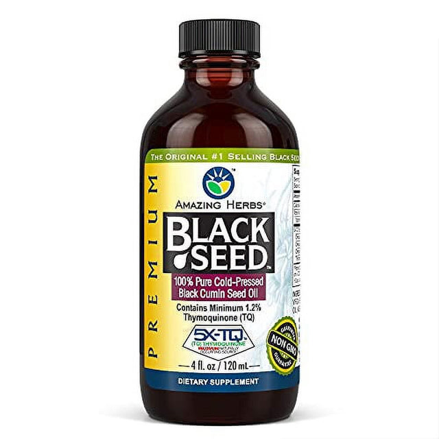 Amazing Herbs Premium Black Seed Oil - Cold Pressed Nigella Sativa Aids in Digestive Health, Immune Support, Brain Function, Joint Mobility, Gluten Free, Non GMO - 4 Fl Oz