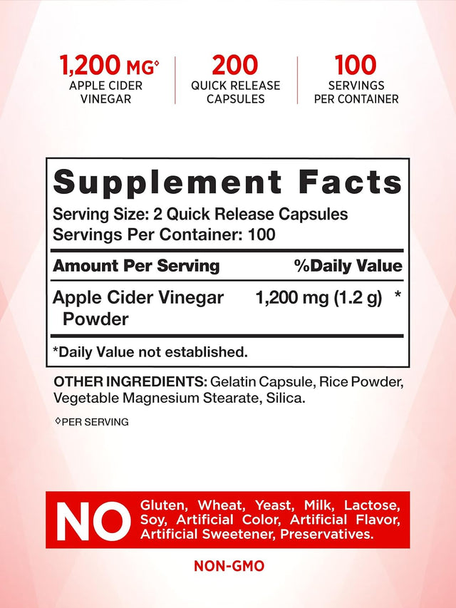 Nature'S Truth Apple Cider Vinegar Capsules | 1200Mg | 200 Pills | Extra Strength | Value Size | Non-Gmo, Gluten Free Supplement