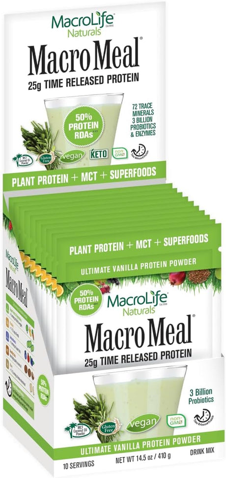 Macrolife Naturals Macromeal Vegan Vanilla Superfood Supplement Powder Protein + Greens, Probiotics, Digestive Enzymes, Fiber - Energy, Detox, Immune - Non-Gmo, Gluten-Free- 10 Packet Servings