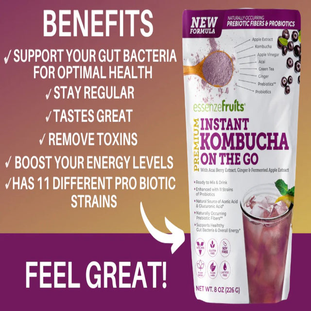 Instant Acai Kombucha on the Go Superfood - Drink Mix with Probiotics and Prebiotics, Vitamin C, Delicious Acai Berry Taste and No Added Sugar Make up to 30 Cups of Refreshing Kombucha, 8 Oz (226G).