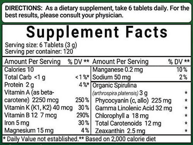 Certified Organic Spirulina Tablets, 3000 Mg, 720 Tablets, Rich in Vegan Protein, Vitamins & Prebiotics, Non-Gmo