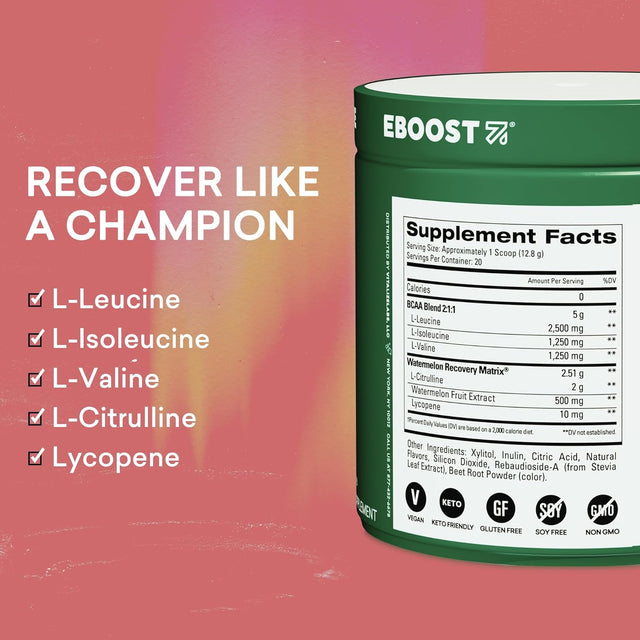 EBOOST Rescue Natural Vegan BCAA Recovery Powder Supplement - 20 Servings - Naturally Flavored Watermelon - 2:1:1 Ratio Amino Acids for Muscle Recovery - Pre and Post Workout for Men & Women