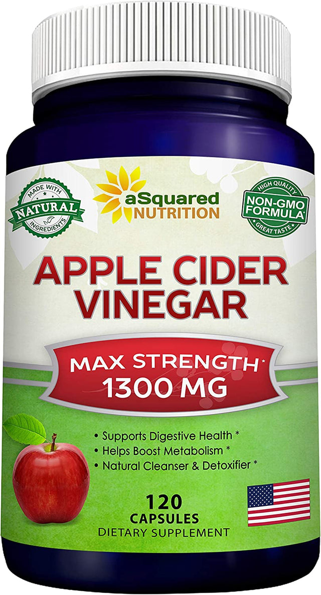 Asquared Nutrition Apple Cider Vinegar Supplement (120) - Extra Strength 1300Mg - ACV Pills for Pure Weight Loss, Detox, Digestion & Immune Support - All Natural Apple Cider Cleanse & Immunity Booster