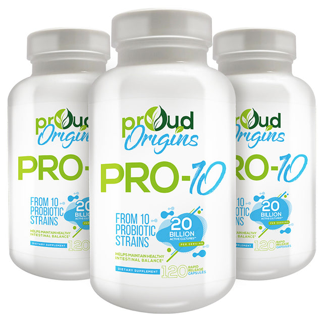 Proud Origins Pro-10, Probiotic 20 Billion 120 Capsules Supports Digestive Health 3 Pack