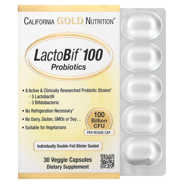 Lactobif Probiotics, 100 Bllion CFU, 8 Active & Clinically Researched Probiotic Strains, Soy-Free, Sugar-Free, Vegetarian, Individually Double-Foil Blister Sealed, 30 Veggie Capsules