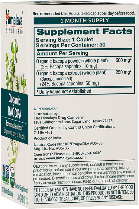 Himalaya Organic Bacopa, Nootropic, Brain Booster for Mental Sharpness, Focus & Memory, 30 Caplets