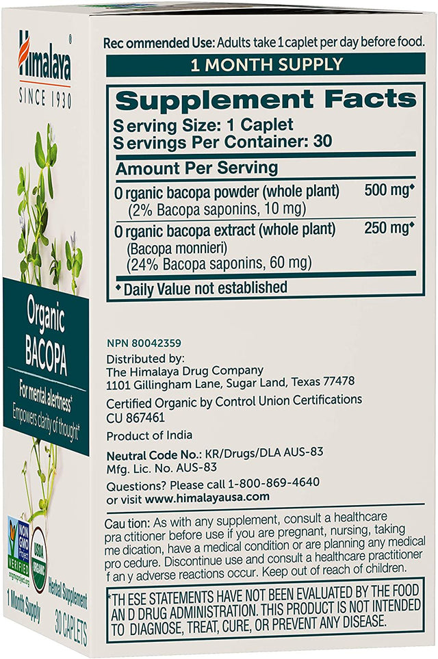 Himalaya Organic Bacopa, Nootropic, Brain Booster for Mental Sharpness, Focus & Memory, 30 Caplets