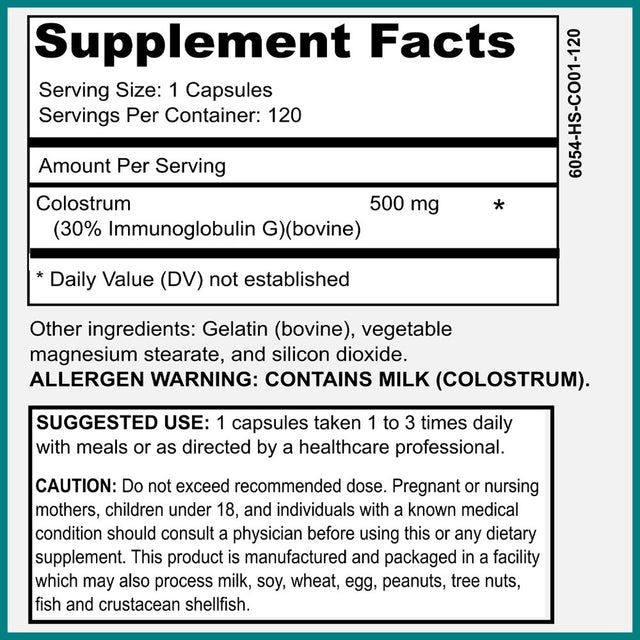 Bovine Colostrum Supplement 500Mg - 30% Igg Immunoglobulin, Immune Support, Bone, Muscle & Gut Health - First Milking, Low Heat Processed - 120 Capsules