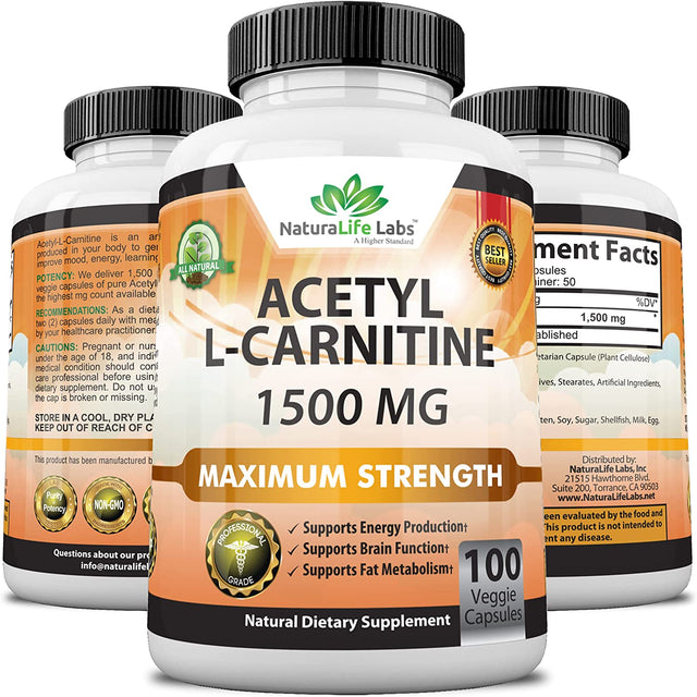 Acetyl L-Carnitine 1,500 Mg High Potency Supports Natural Energy Production, Sports Nutrition, Supports Memory/Focus - 100 Veggie Capsules