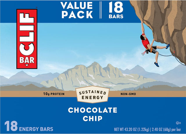 CLIF BAR - Chocolate Chip - Made with Organic Oats - 10G Protein - Non-Gmo - Plant Based - Energy Bars - 2.4 Oz. (18 Pack)