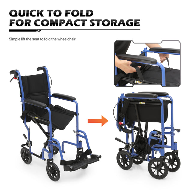 Monicare *FDA APPROVED* Transport Wheelchair, Folding Transport Chair with Swing Away Footrests and Flip Back Backrest, 250Lbs Weight Capacity, Blue