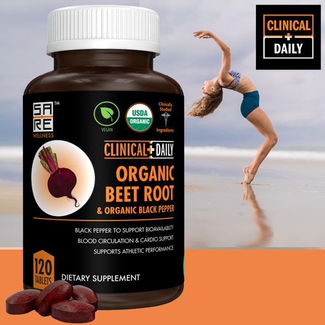 CLINICAL DAILY USDA Organic Beet Root Powder Tablets for Fast Dissolution. 1350Mg Beets Blood Circulation Supplements Support Blood Pressure, Energy, High Athletic Performance. Non-Gmo 120 Beet Pills