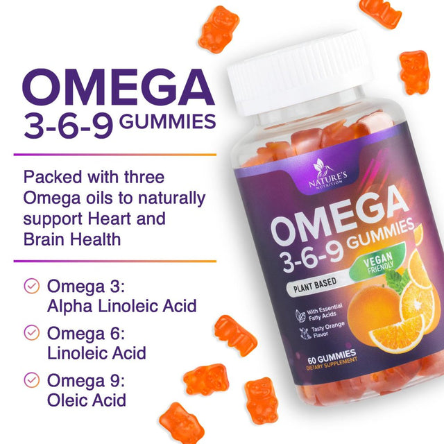 Omega 3 6 9 Vegan Gummies - Triple Strength Omega 3 Supplement Essential Oil Gummy - Omega 369 Heart Support and Brain Support for Women, Men & Pregnant Women, Non-Gmo, Orange Flavor - 60 Gummies