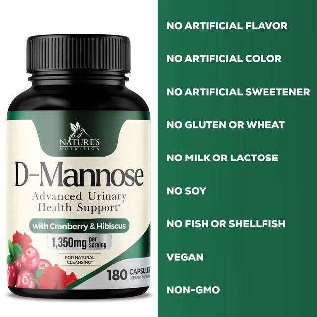 D-Mannose & Cranberry Extract 1350Mg Advanced Formula, Fast-Acting Natural Urinary Tract Health Support for Women & Men, Flush Impurities in Urinary Tract & Bladder, Non-Gmo, Vegan - 180 Capsules