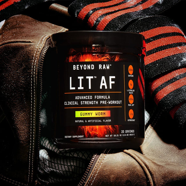 BEYOND RAW LIT AF | Advanced Formula Clinical Strength Pre-Workout Powder | Contains Caffeine, L-Citruline, and Nitrosigine | Gummy Worm | 20 Servings