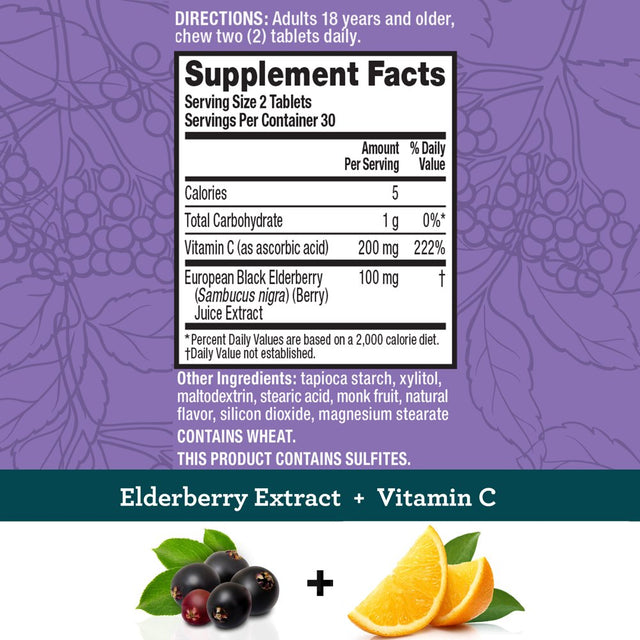 Schiff Elderberry Extract & Vitamin C Chewable Tablets (60 Count), Vegetarian & Non-Gmo Supplement with Natural Flavors, Helps Support a Healthy Immune System٭