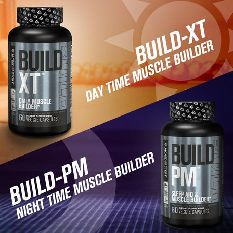 Jacked Factory AM & PM Muscle Building Supplement Stack - Build-Xt Muscle Builder & Build PM Night Time Muscle Growth & Sleep Aid