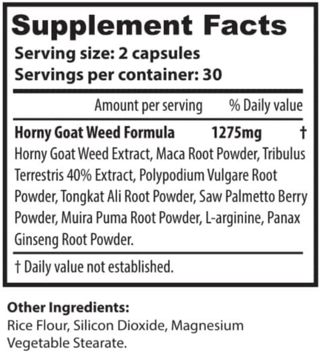 Horny Goat Weed for Men - Male Enhancing Supplement Erection Pills Stamina, Libido Booster Maca Root, Tribulus Terrestris, L-Arginine, Saw Palmetto, Ginseng, Tongkat Ali Potent Formula