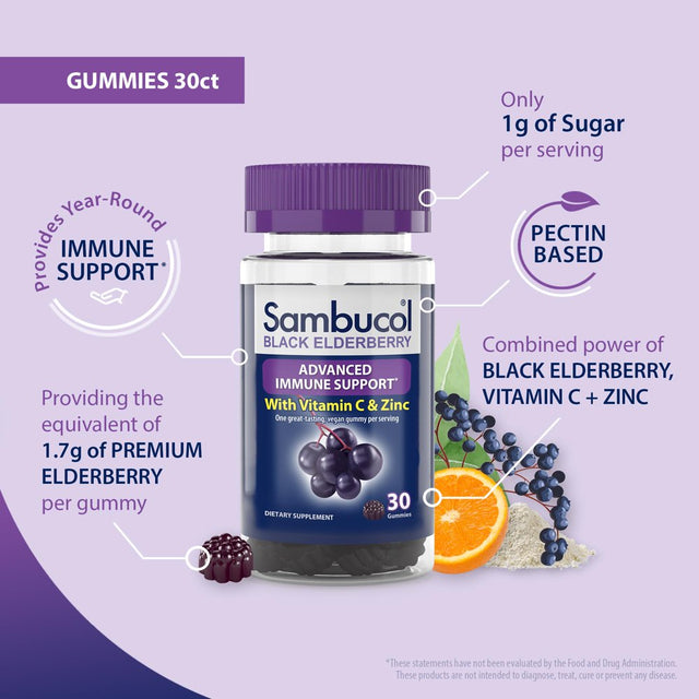 Sambucol Black Elderberry Immune Support Gummies with Vitamin C and Zinc - 30 Count