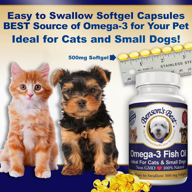 Benson'S Best Omega-3 Fish Oil for Cats & Small Dogs. Provides 43% More Omega-3 than Salmon Oil! 100% Pure, Natural & Non-Gmo, 200 Easy to Swallow 500 Mg Softgel Capsules: Ideal for Cats & Small Dogs!