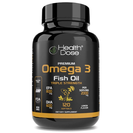 Omega 3 Fish Oil Lemon Flavor Premium by Health Dose, 120 Softgels 2 Month, 2000Mg Triple Strength with EPA + DHA, Immune Support, Heart, Brain, Joints & Skin, No More Fish Burps, Gluten-Free, Non-Gmo