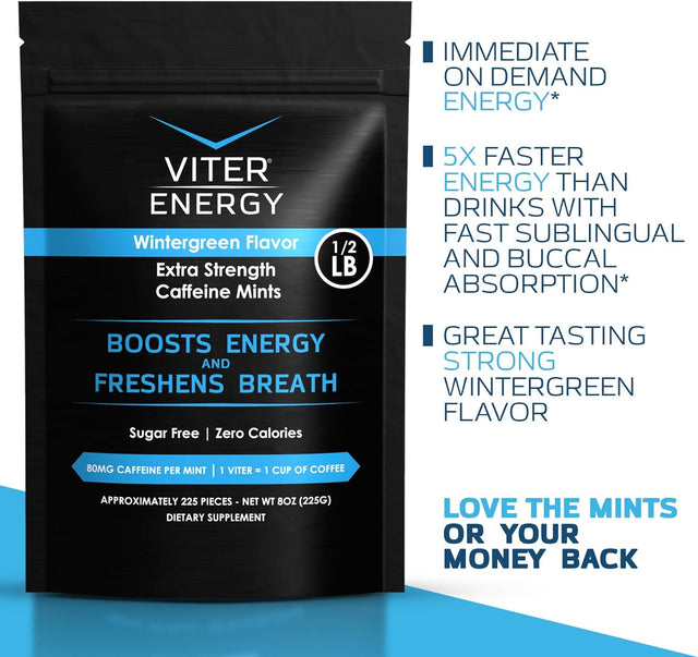 Viter Energy Extra Strength Caffeinated Mints 80Mg Caffeine, B Vitamins, Sugar Free. (Wintergreen, 8Oz, Bulk Bag)