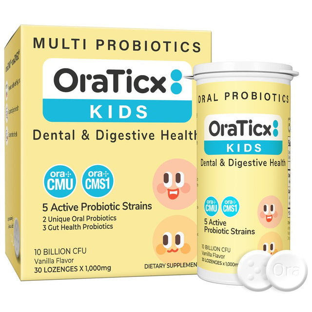 Oraticx Kids Multi Probiotics for Dental & Digestive Health, Naturally Supports Oral Care, Digestion, Immunity, 10 Billion CFU 5 Active Probiotic Strain, Vanilla Flavor 30 Lozenges 1-PK