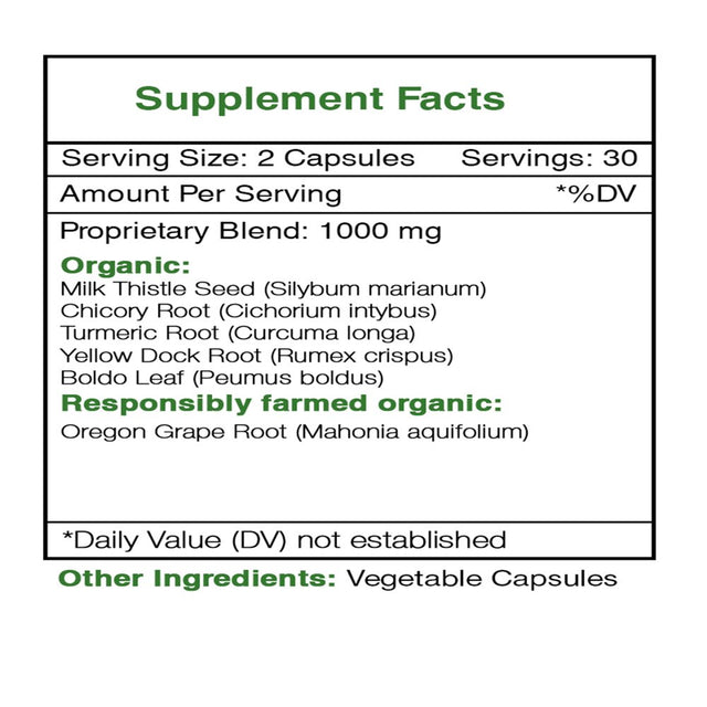 Liver 60 Capsules, 500 Mg, Milk Thistle, Chicory, Turmeric, Yellow Dock, Boldo, Oregon Grape. Healthy Liver Formula