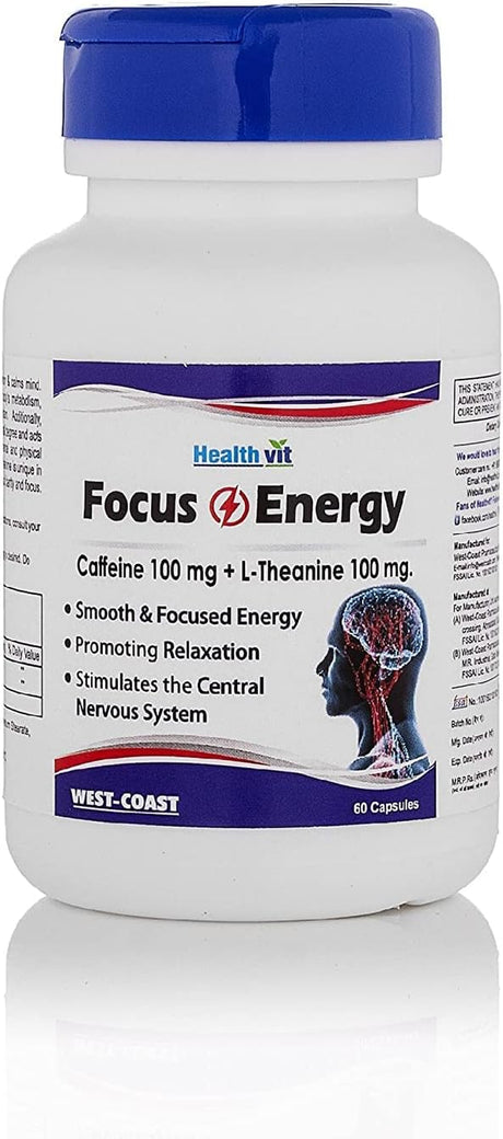 Healthvit Focus & Energy Caffeine 100 Mg + L-Theanine 100 Mg 60 Capsules