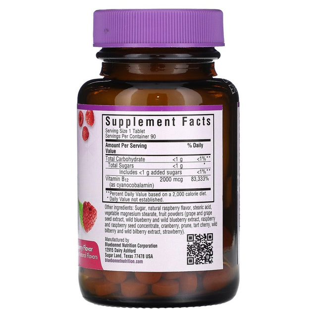 Bluebonnet Nutrition Earthsweet Chewables, Vitamin B12, Raspberry , 2,000 Mcg, 90 Chewable Tablets