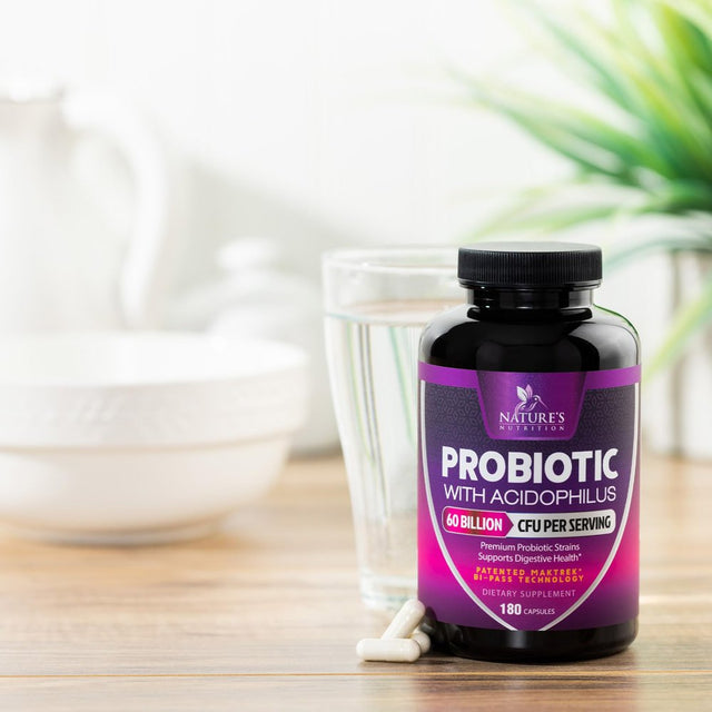 Probiotics, 60 Billion CFU per Serving, Probiotic with Prebiotics for Digestive & Immune Health Support for Women & Men - Nature'S Supplement Is Shelf Stable, Soy, Dairy & Gluten Free - 180 Capsules