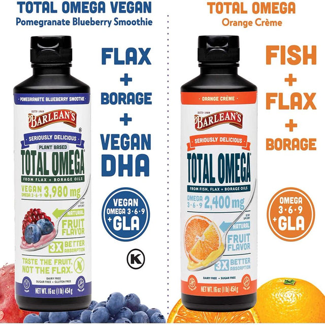 Barlean'S Total Omega Orange Crème Fish Oil Supplements with Flax Seed Oil and Borage Oil - 2,400 Mg of Omega 3, 6 and 9 EPA/DHA - All-Natural Fruit Flavor, Non-Gmo, Gluten-Free - 16 Oz