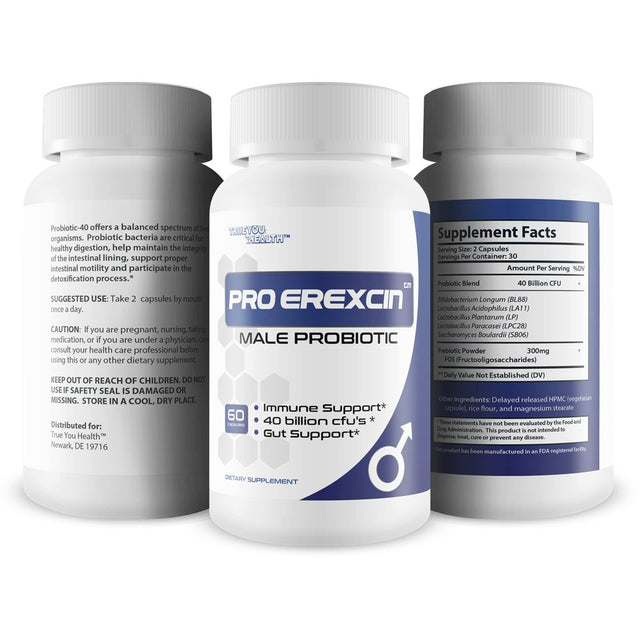 Probiotic Pro Erexcin - Male Probiotic - Support Gut Health, Natural Immune Function, & Overall Male Health - Mens Probiotic Formula Made with Premium Probiotics and Prebiotics - 40 Billion Cfu’S